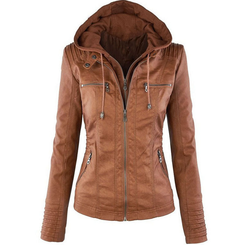 Fashion Detachable Hooded Jacket With Pockets Casual Solid Color Zipper Long Sleeve Leather Coat Autumn Winter Women's Clothing Pi-Mart