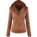 Fashion Detachable Hooded Jacket With Pockets Casual Solid Color Zipper Long Sleeve Leather Coat Autumn Winter Women's Clothing Pi-Mart