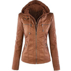 Fashion Detachable Hooded Jacket With Pockets Casual Solid Color Zipper Long Sleeve Leather Coat Autumn Winter Women's Clothing Pi-Mart