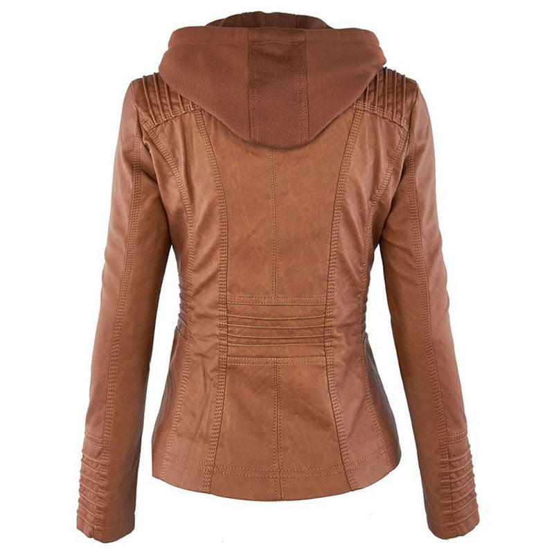 Fashion Detachable Hooded Jacket With Pockets Casual Solid Color Zipper Long Sleeve Leather Coat Autumn Winter Women's Clothing Pi-Mart