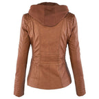 Fashion Detachable Hooded Jacket With Pockets Casual Solid Color Zipper Long Sleeve Leather Coat Autumn Winter Women's Clothing Pi-Mart