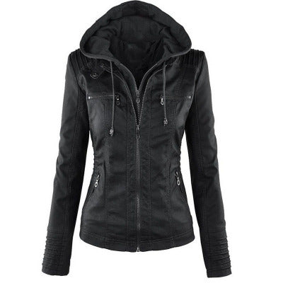 Fashion Detachable Hooded Jacket With Pockets Casual Solid Color Zipper Long Sleeve Leather Coat Autumn Winter Women's Clothing Pi-Mart