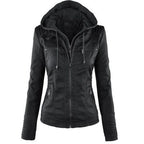 Fashion Detachable Hooded Jacket With Pockets Casual Solid Color Zipper Long Sleeve Leather Coat Autumn Winter Women's Clothing Pi-Mart
