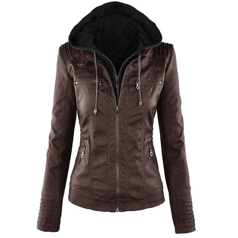 Fashion Detachable Hooded Jacket With Pockets Casual Solid Color Zipper Long Sleeve Leather Coat Autumn Winter Women's Clothing Pi-Mart