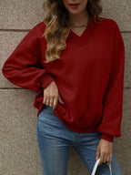 V-Neck Solid Color Casual Sweatshirt THRIXINE