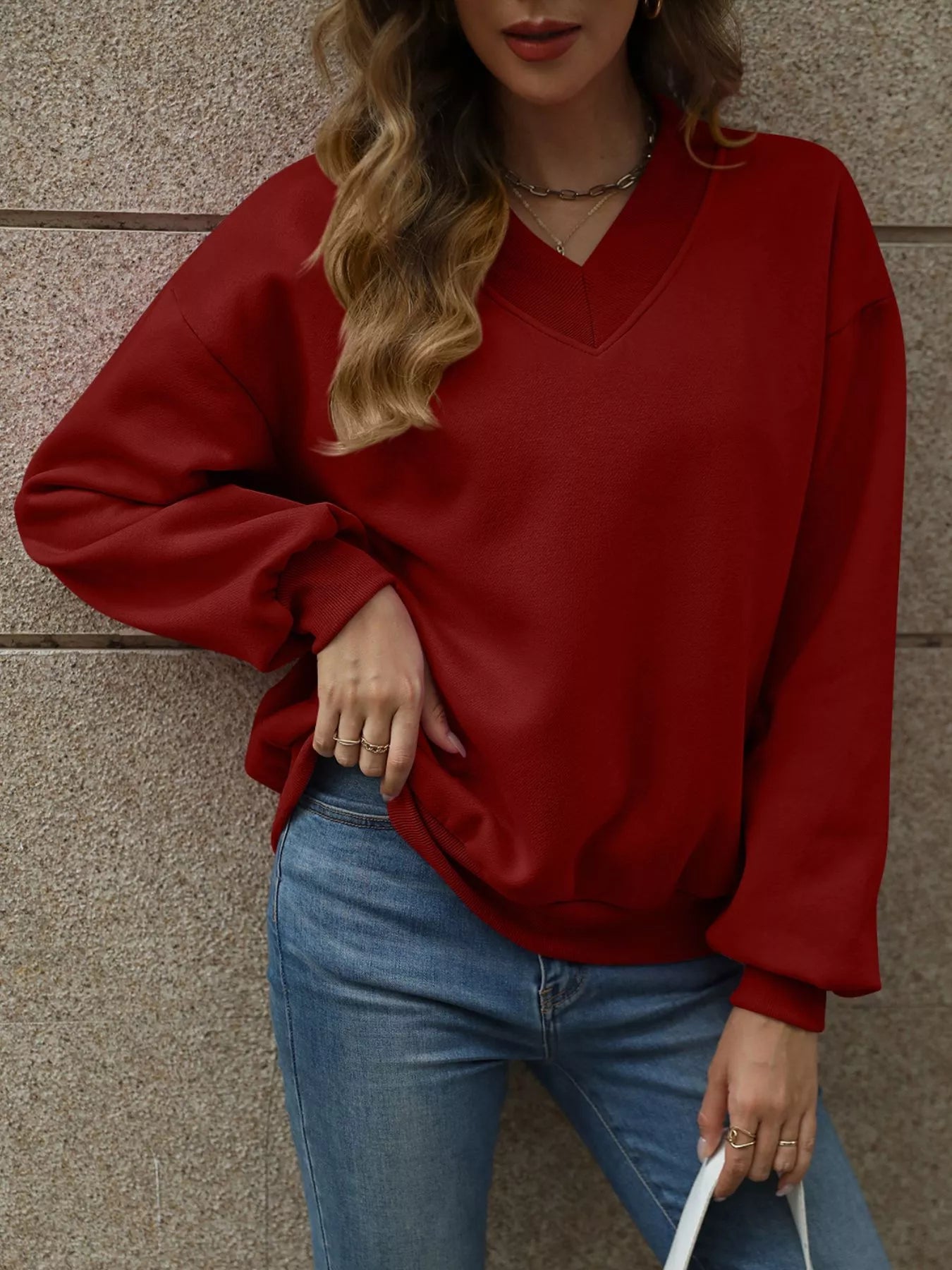 V-Neck Solid Color Casual Sweatshirt THRIXINE