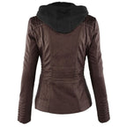 Fashion Detachable Hooded Jacket With Pockets Casual Solid Color Zipper Long Sleeve Leather Coat Autumn Winter Women's Clothing Pi-Mart