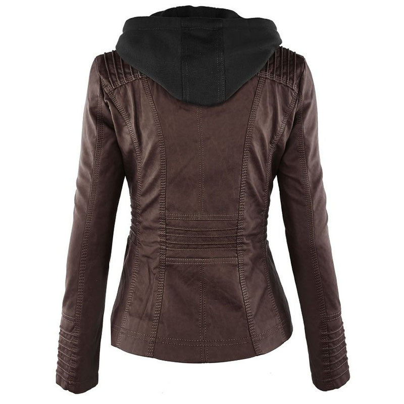 Fashion Detachable Hooded Jacket With Pockets Casual Solid Color Zipper Long Sleeve Leather Coat Autumn Winter Women's Clothing Pi-Mart