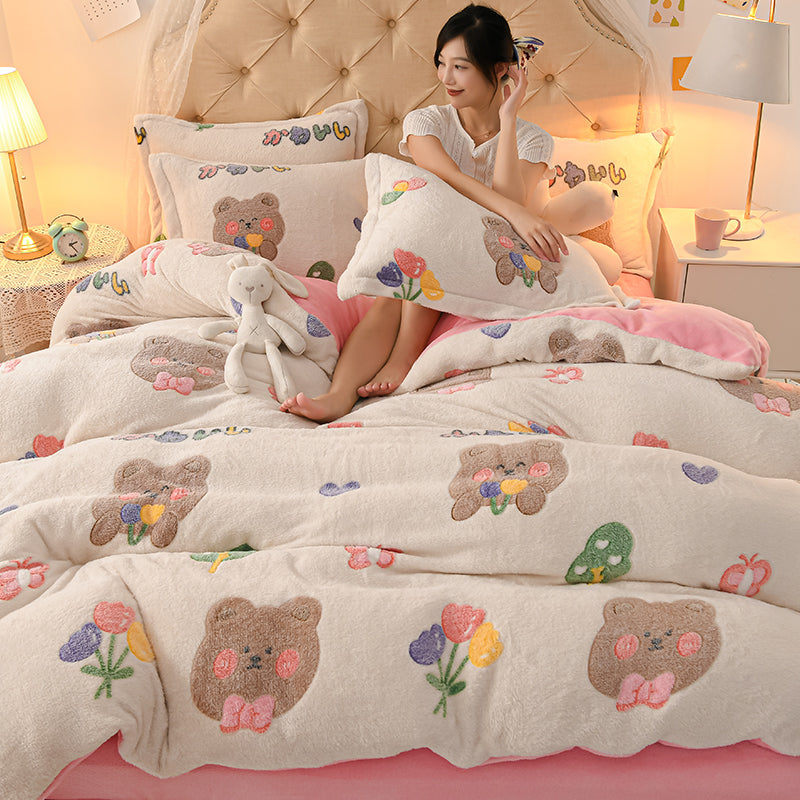 Coral Velvet Sheet Duvet Cover Double Sided Plus Velvet Thick Bedding Set Pi-Mart