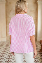 Sachet Pink Striped Dolman Sleeve Pop of Color Neckline Blouse