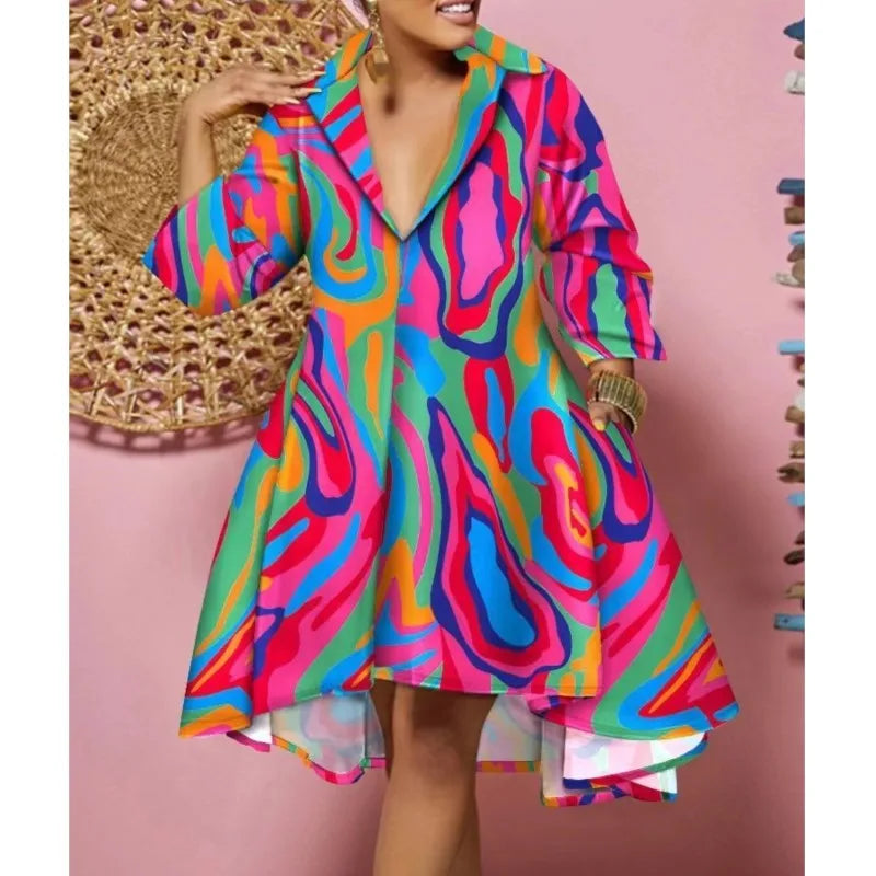 Women Sexy Fashion Printed Shirt Dresses Chic V Neck Loose Long Sleeve Dress Causal Vacation Female Mini Vestidos Robe Clothing Purplish Diva