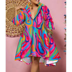 Women Sexy Fashion Printed Shirt Dresses Chic V Neck Loose Long Sleeve Dress Causal Vacation Female Mini Vestidos Robe Clothing Purplish Diva