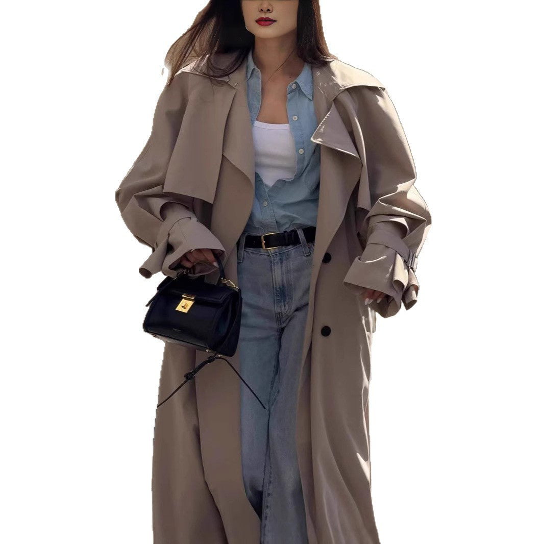 Women's Long Khaki Belted Cape Trench Coat Pi-Mart