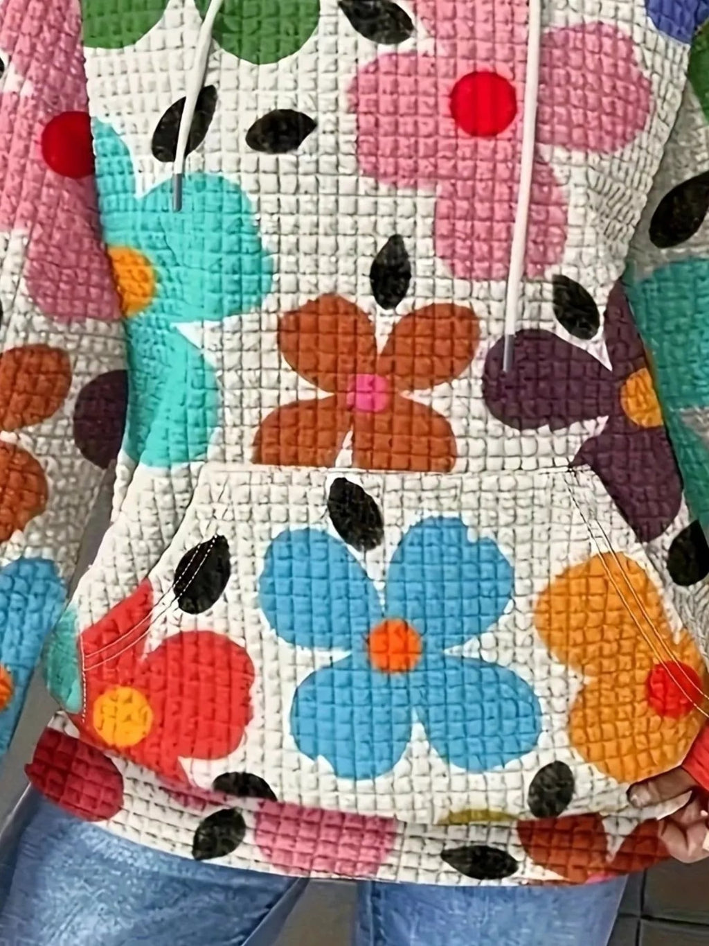 Floral Print Textured Drawstring Hoodie THRIXINE