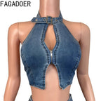 FAGADOER Y2K Sexy Denim 2 Piece Sets Woman Outfit Zipper Sleeveless Backless Halter Crop Top and Shorts Suits Female Streetwear Purplish Diva