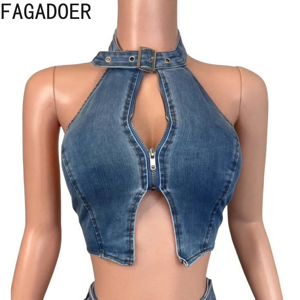 FAGADOER Y2K Sexy Denim 2 Piece Sets Woman Outfit Zipper Sleeveless Backless Halter Crop Top and Shorts Suits Female Streetwear Purplish Diva