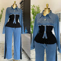 Two Piece Sets Women Pant Set Denim Splice Matching Sets Spring Top Wide Leg Long Pants Casual Loose Lace Up High Waist Jogger Purplish Diva