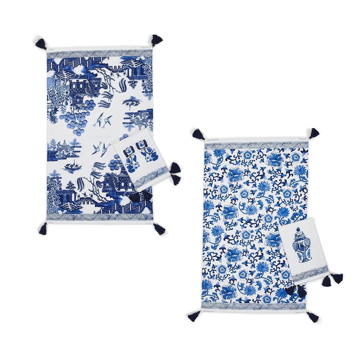 Chinoiserie Tea Towels 100% Cotton Oversized Embroidered Dish Towels Tassels BandsCo Straps