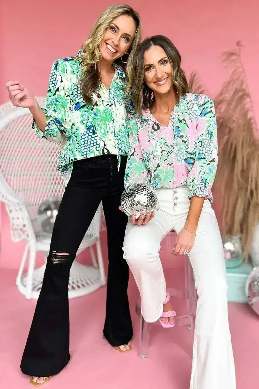 Green Floral V-Neck Blouse – Tied Detail & Loose Fit | Feminine Style - SJB-DIAMOND ELITES