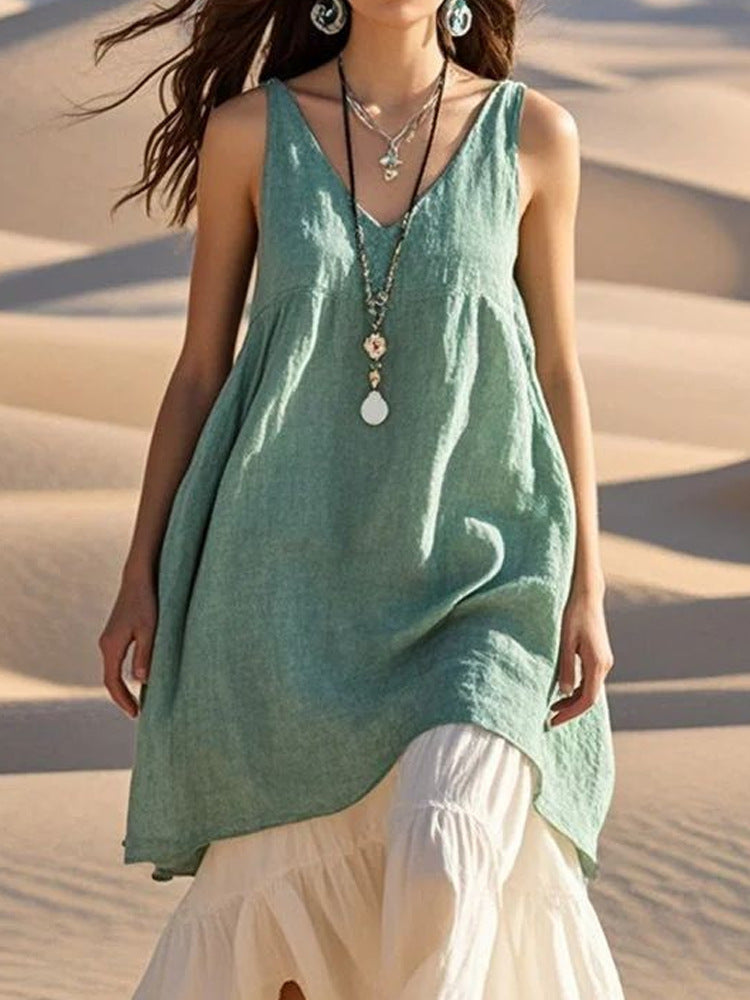 Fashion Sleeveless Cotton Linen Solid Color And V-neck Beach Dress Lootquake LLC