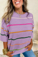 White Striped Half Sleeve Drop Shoulder Sweater