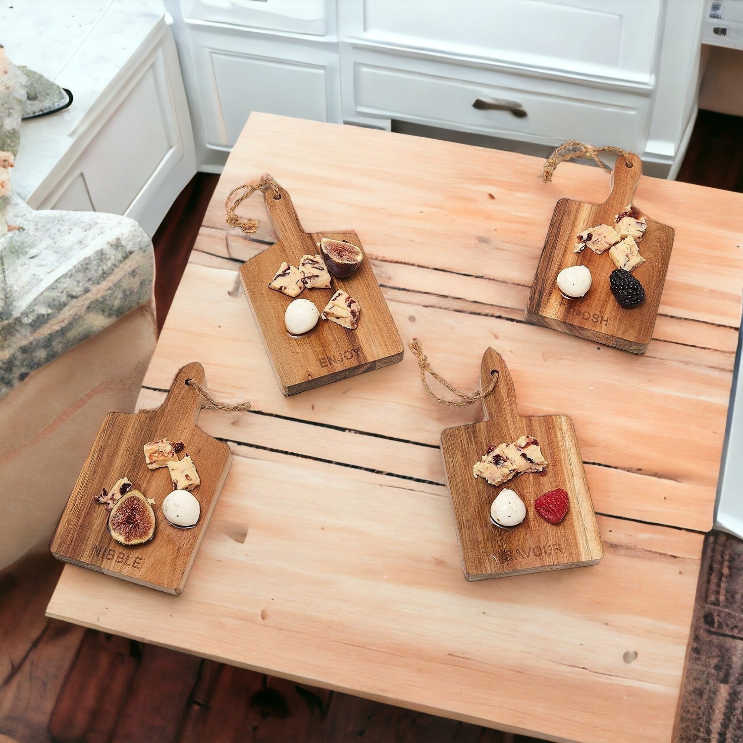Acacia Charcuterie Boards Set Of 4 8x4.5in Small Serving Boards With Jute Hangs BandsCo Straps