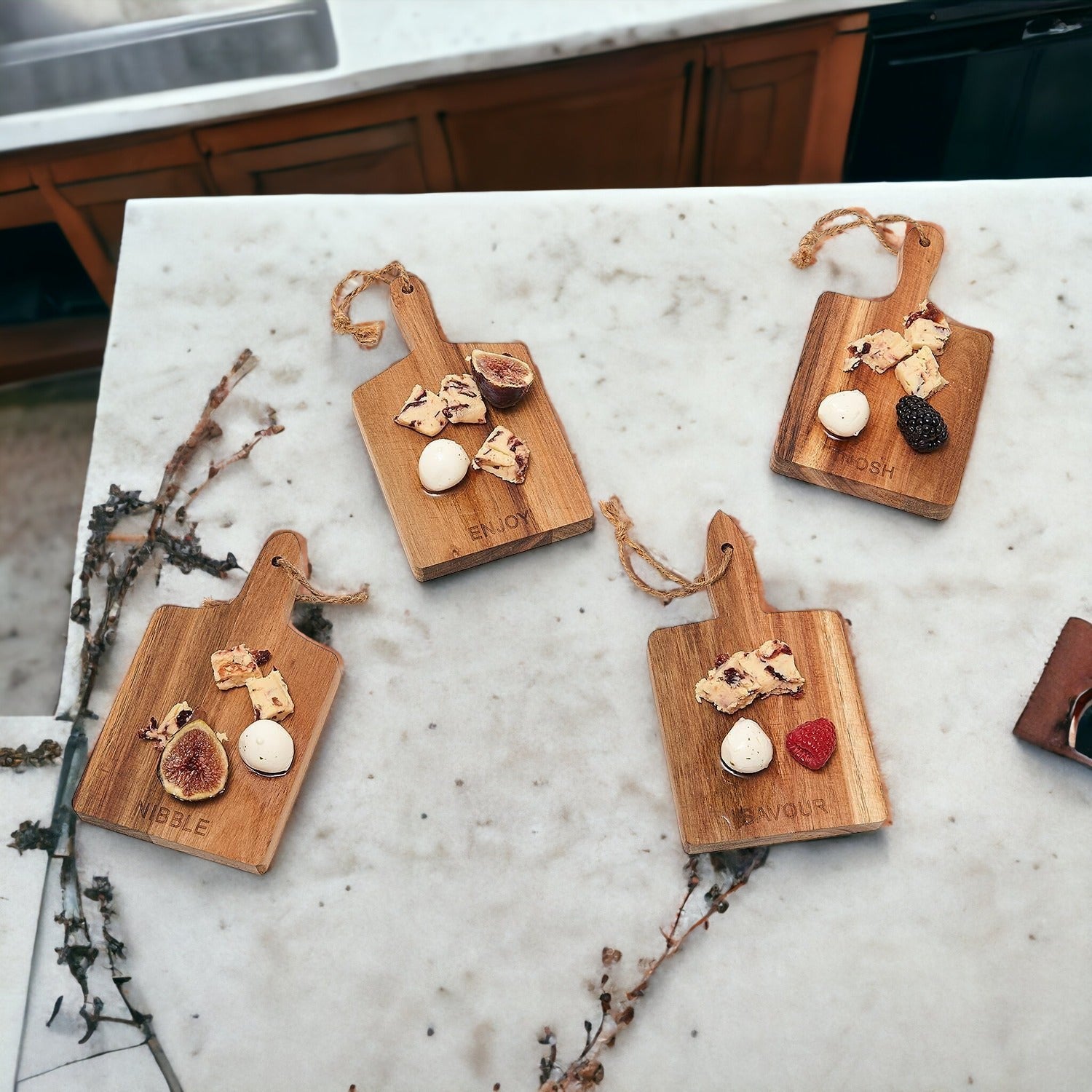 Acacia Charcuterie Boards Set Of 4 8x4.5in Small Serving Boards With Jute Hangs BandsCo Straps