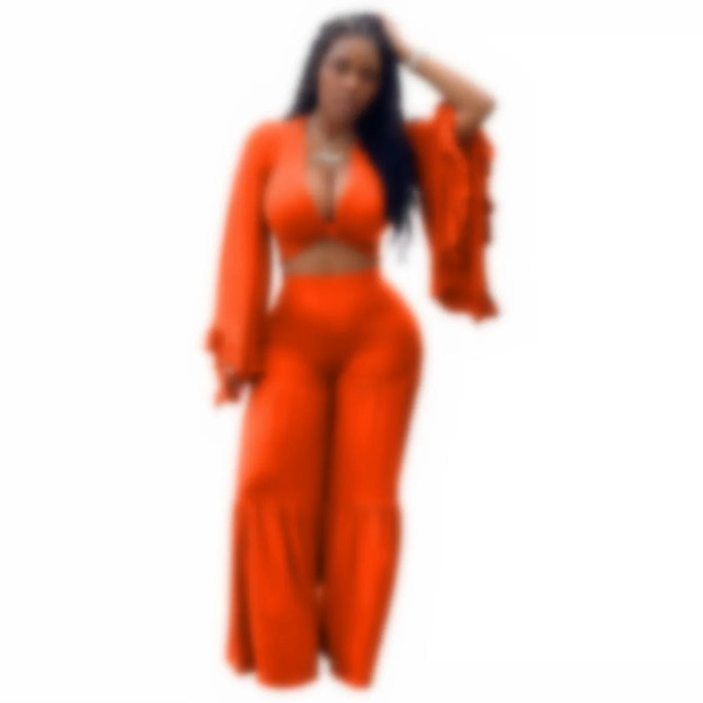 Casual Spring And Autumn For Women's Solid Color Long Sleeved Chest Wrap Top and Wide Leg Trousers Female Office 2 Piece Set Purplish Diva