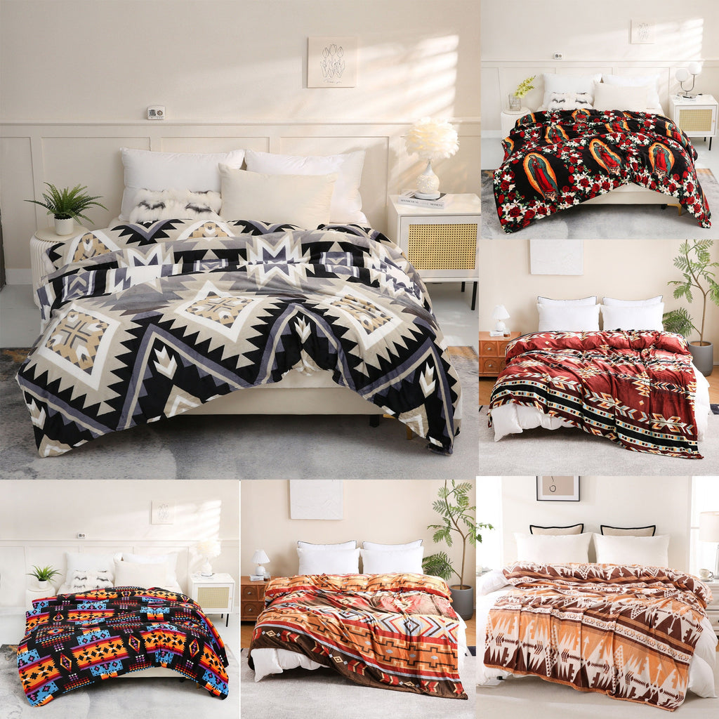 1pc Southwest Native American Flannel Polyester Throw Double-side Printed Blanket, Aztec Geometry Pattern Travel Couch Bed Blanket Plush Soft Lightweight Blanket For All Season Lootquake LLC