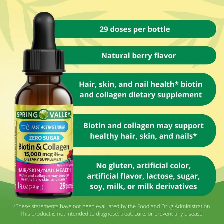 Spring Valley Biotin & Collagen Liquid, Natural Berry, 15000 Mcg, 1 fl oz EasyOptionXY LLC