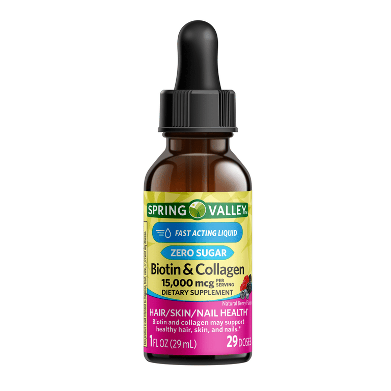 Spring Valley Biotin & Collagen Liquid, Natural Berry, 15000 Mcg, 1 fl oz EasyOptionXY LLC