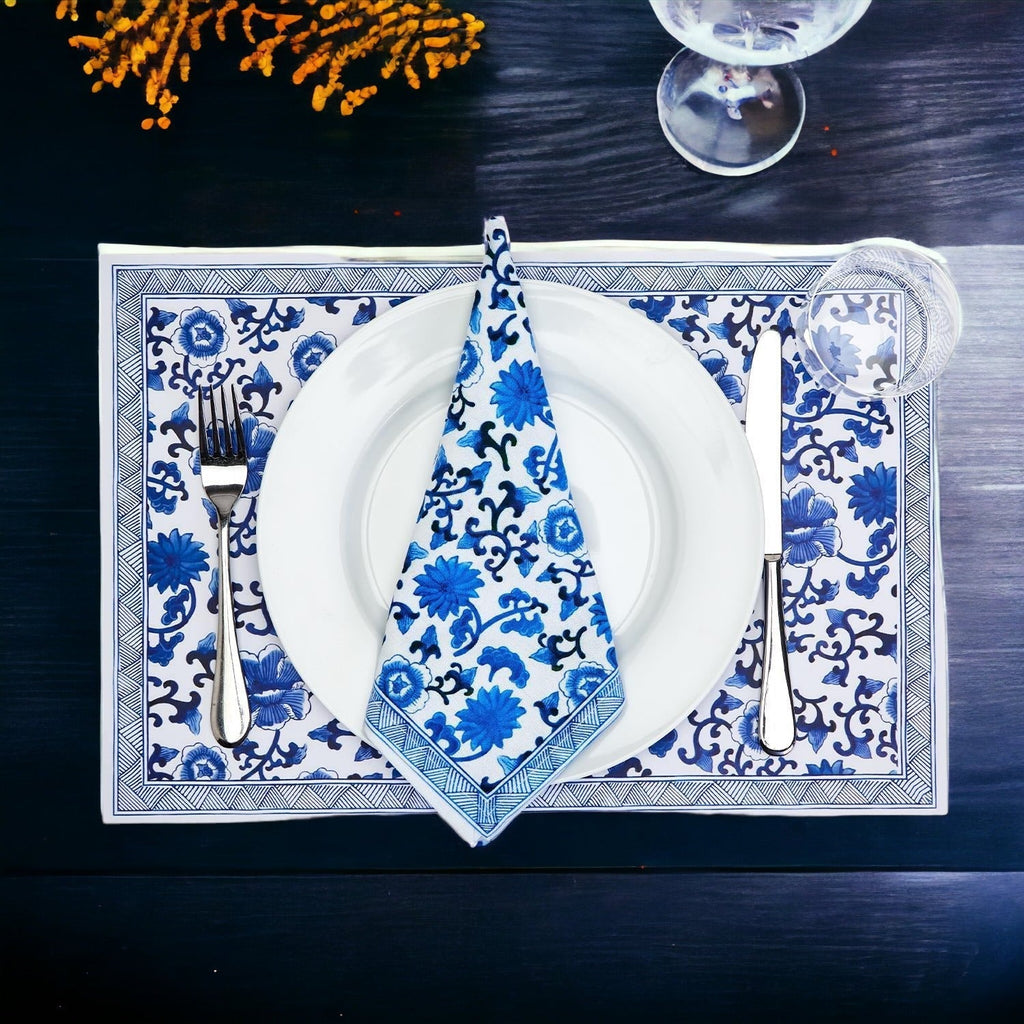 Chinoiserie Placemats Set Of 4 - Elegant Asian Floral Vinyl Placemats, Easy BandsCo Straps