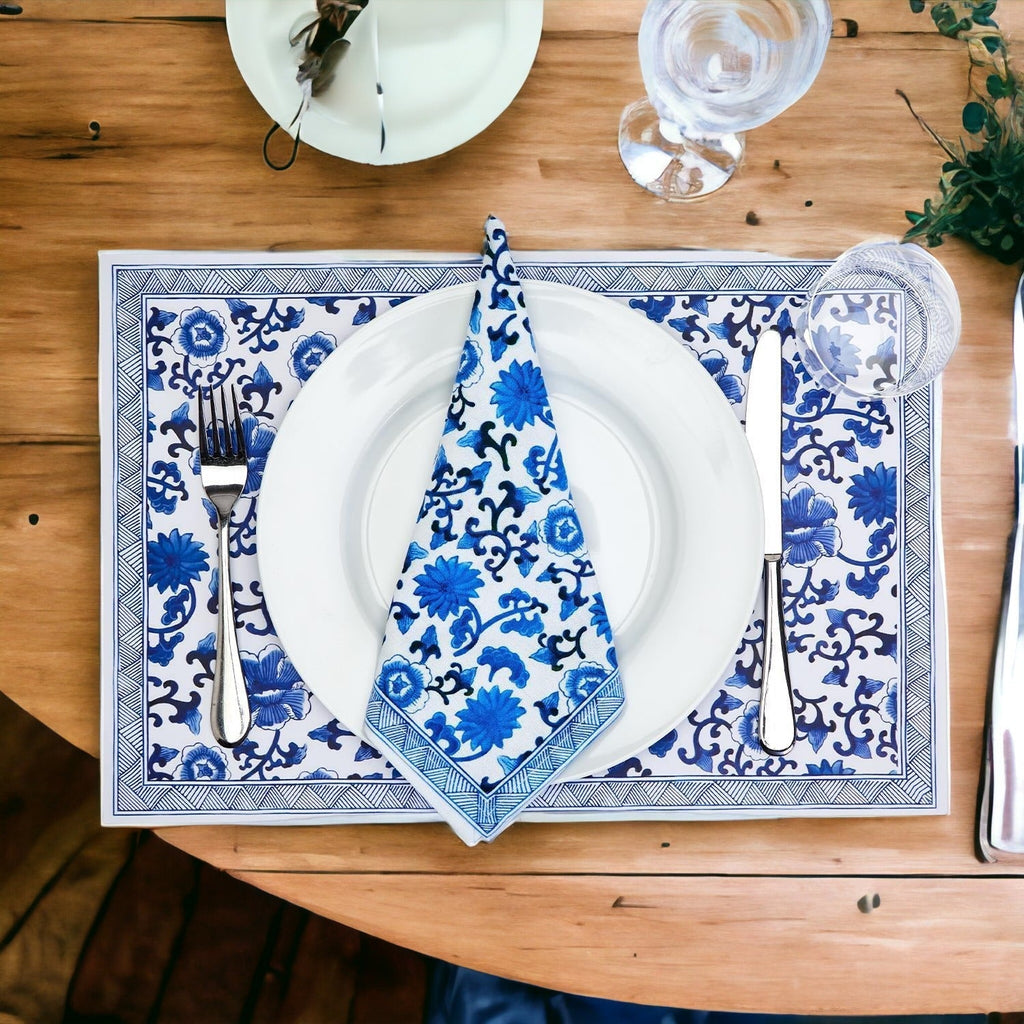 Chinoiserie Placemats Set Of 4 - Elegant Asian Floral Vinyl Placemats, Easy BandsCo Straps