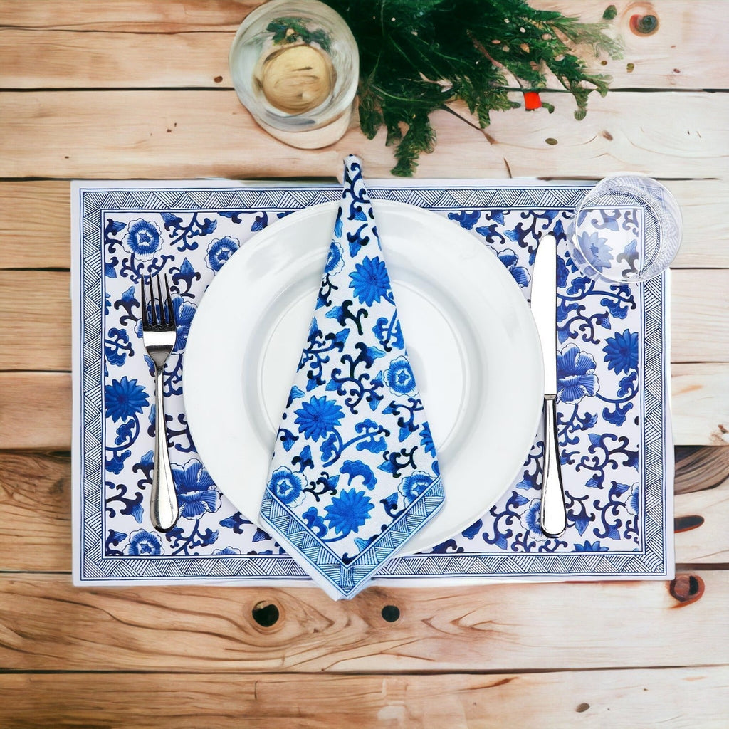 Chinoiserie Placemats Set Of 4 - Elegant Asian Floral Vinyl Placemats, Easy BandsCo Straps