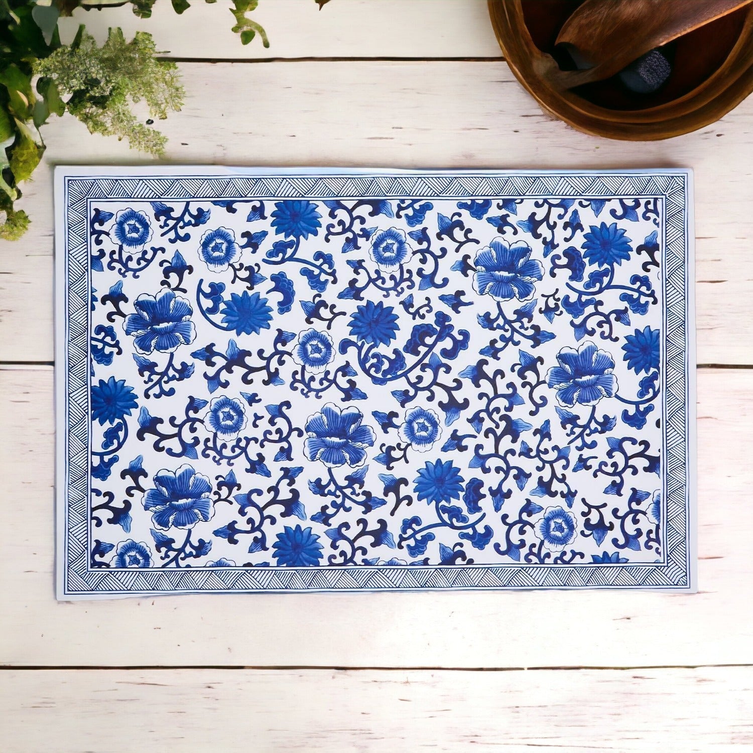 Chinoiserie Placemats Set Of 4 - Elegant Asian Floral Vinyl Placemats, Easy BandsCo Straps
