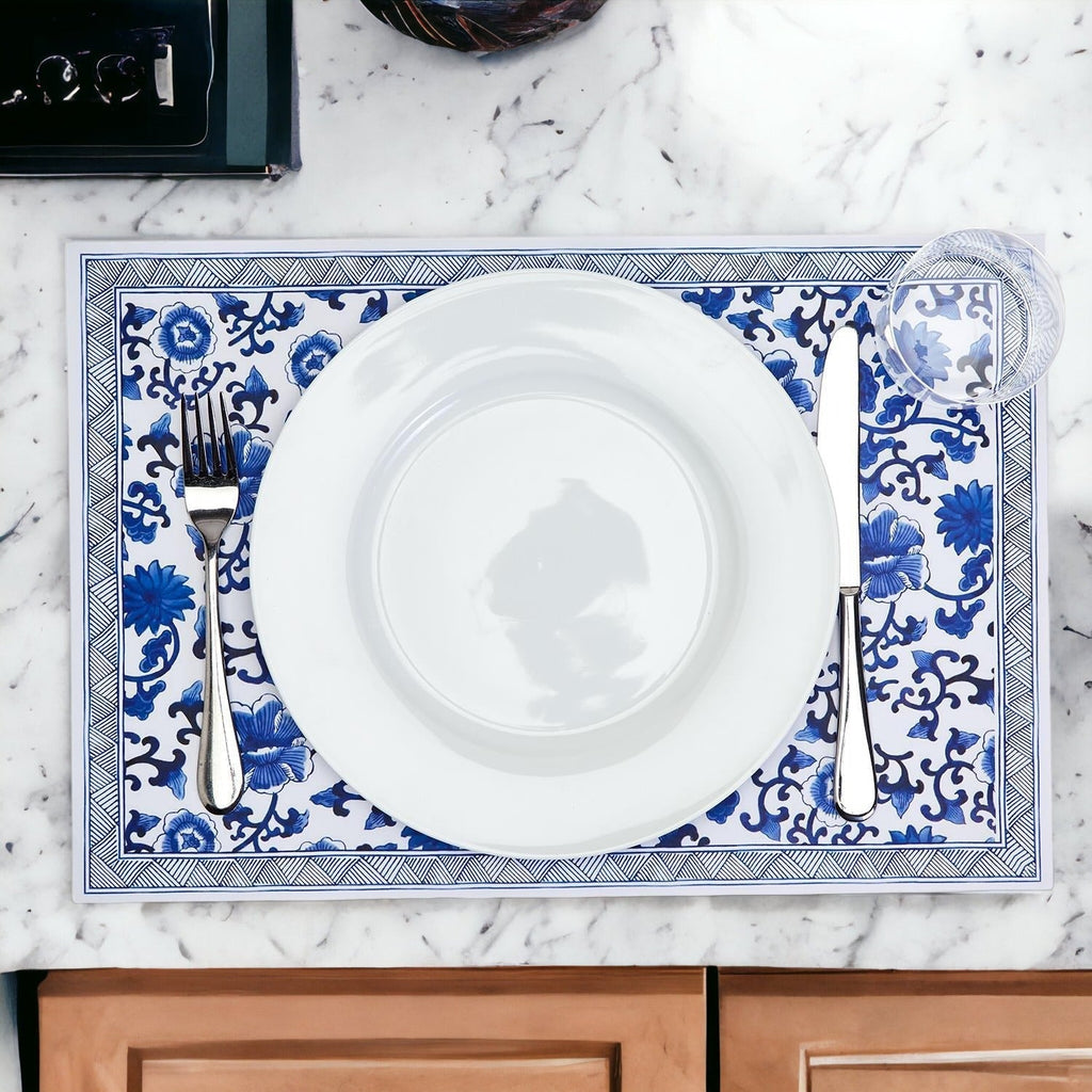 Chinoiserie Placemats Set Of 4 - Elegant Asian Floral Vinyl Placemats, Easy BandsCo Straps