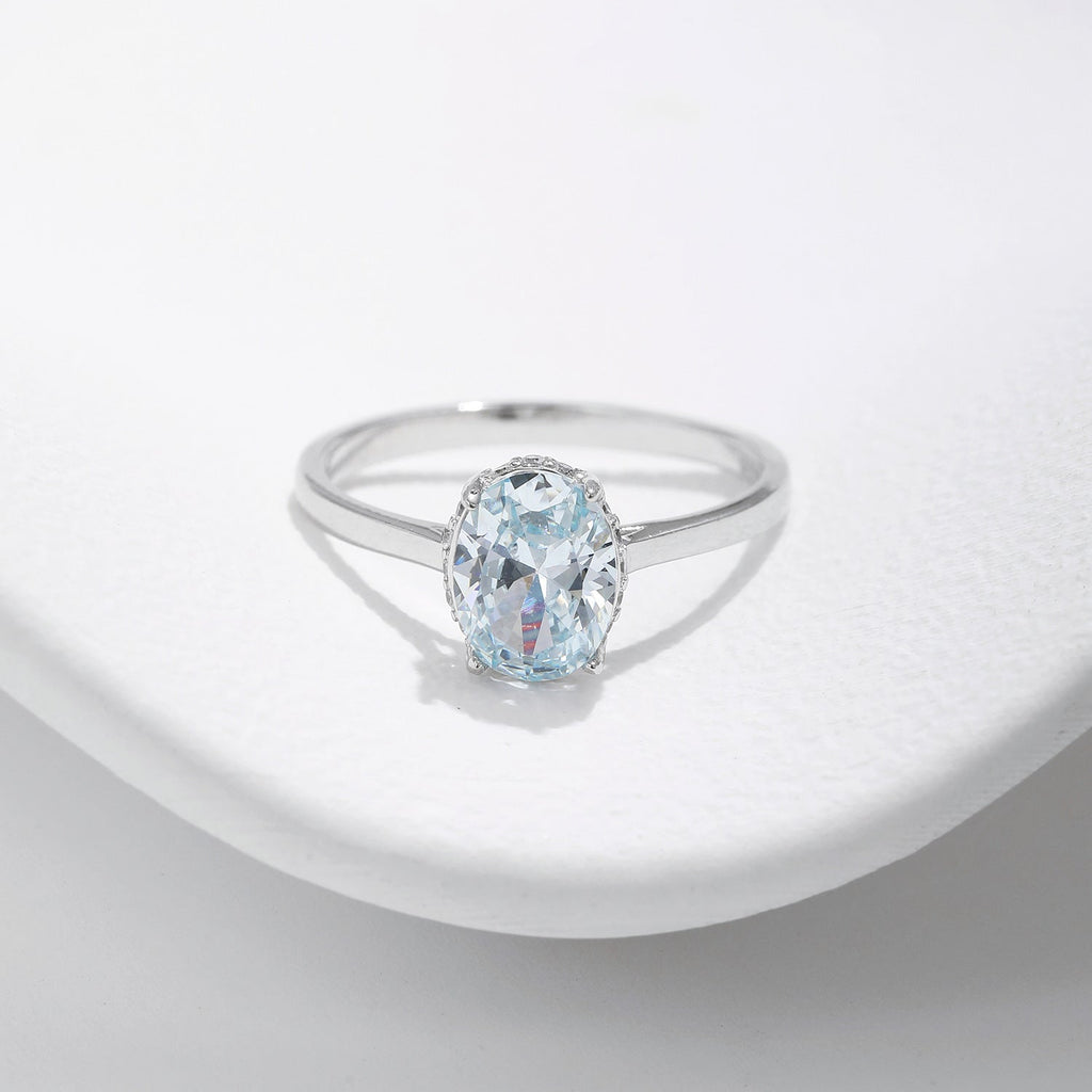 S925 Sterling Silver Light Ocean Blue Diamond-studded Ring Pi-Mart