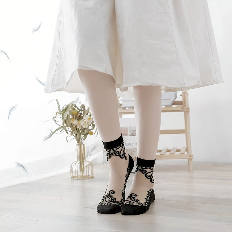 5 Pairs Embroidered Mesh Socks, Thin & Comfy Mid Tube Socks, Women's Stockings & Hosiery Lootquake LLC
