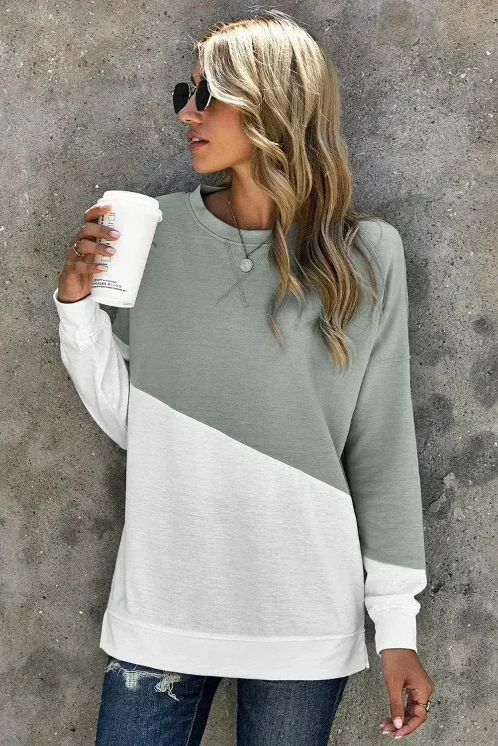 Gray White Patchwork Dropped Shoulder Sleeve Sweatshirt - SJB-DIAMOND ELITES