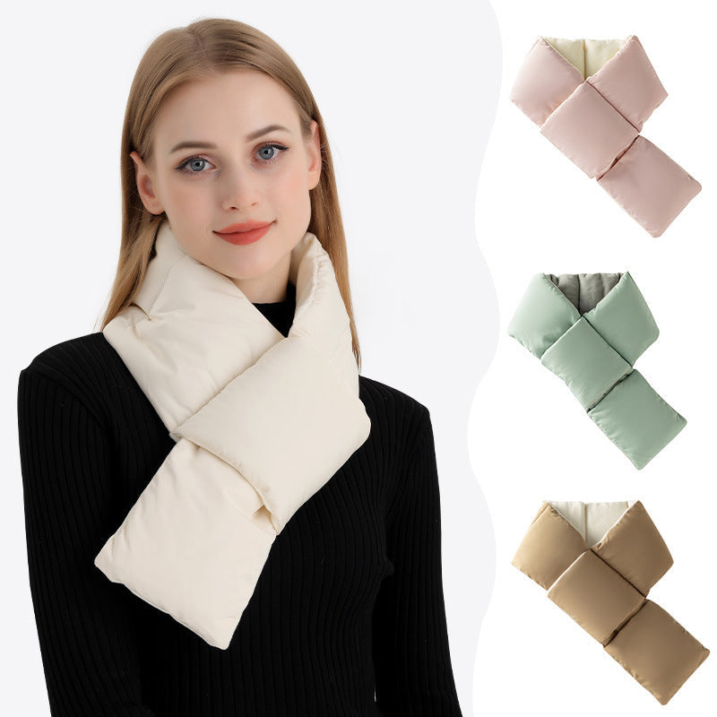 Warm Cross-design Pocket Scarf For Women Winter Outdoor Sports Skiing Cold-proof Down Cotton Plus Velvet Short Scarf Pi-Mart