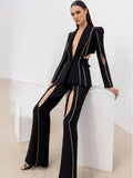 HIGH STREET Newest Fashion 2024 Designer Suit Set Women's Single Button Hollow Out Diamonds Beaded Blazer Flare Pants Set Purplish Diva