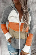 Womens Zipped Front Gray Colorblock Hollow-out Knit Hoodie - SJB-DIAMOND ELITES