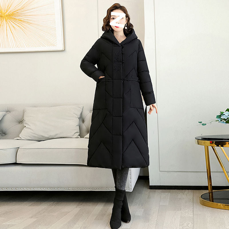Plus Size Overknee Long Warm Hooded Cotton Jacket Pi-Mart