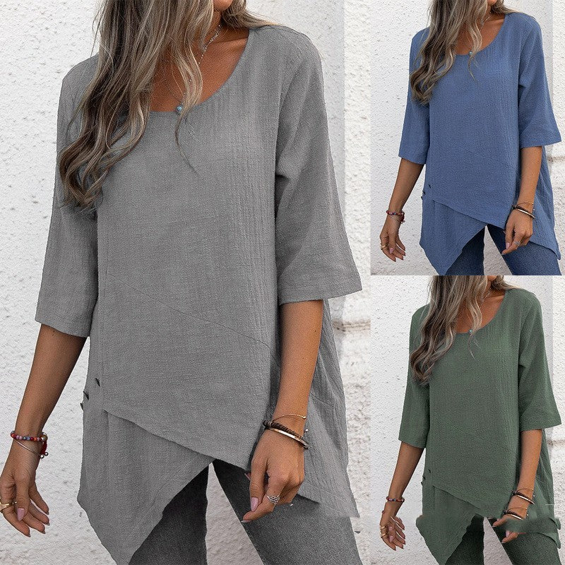 Cotton Linen Round-neck Irregular Shirt Half Sleeve Shirt Lootquake LLC