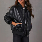 Leather Baseball Uniform Jacket Long-sleeved Motorcycle Jacket Leather Coat Pi-Mart