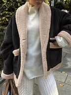 Fuzzy Collared Neck Long Sleeve Jacket with Buttoned Closure and Cozy Pockets Stevvex