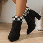 New Plaid Print Plush Ankle Boots Winter Fashoin Square Heel Suede Boots Women Casual Versatile Shoes Autumn And Winter Pi-Mart
