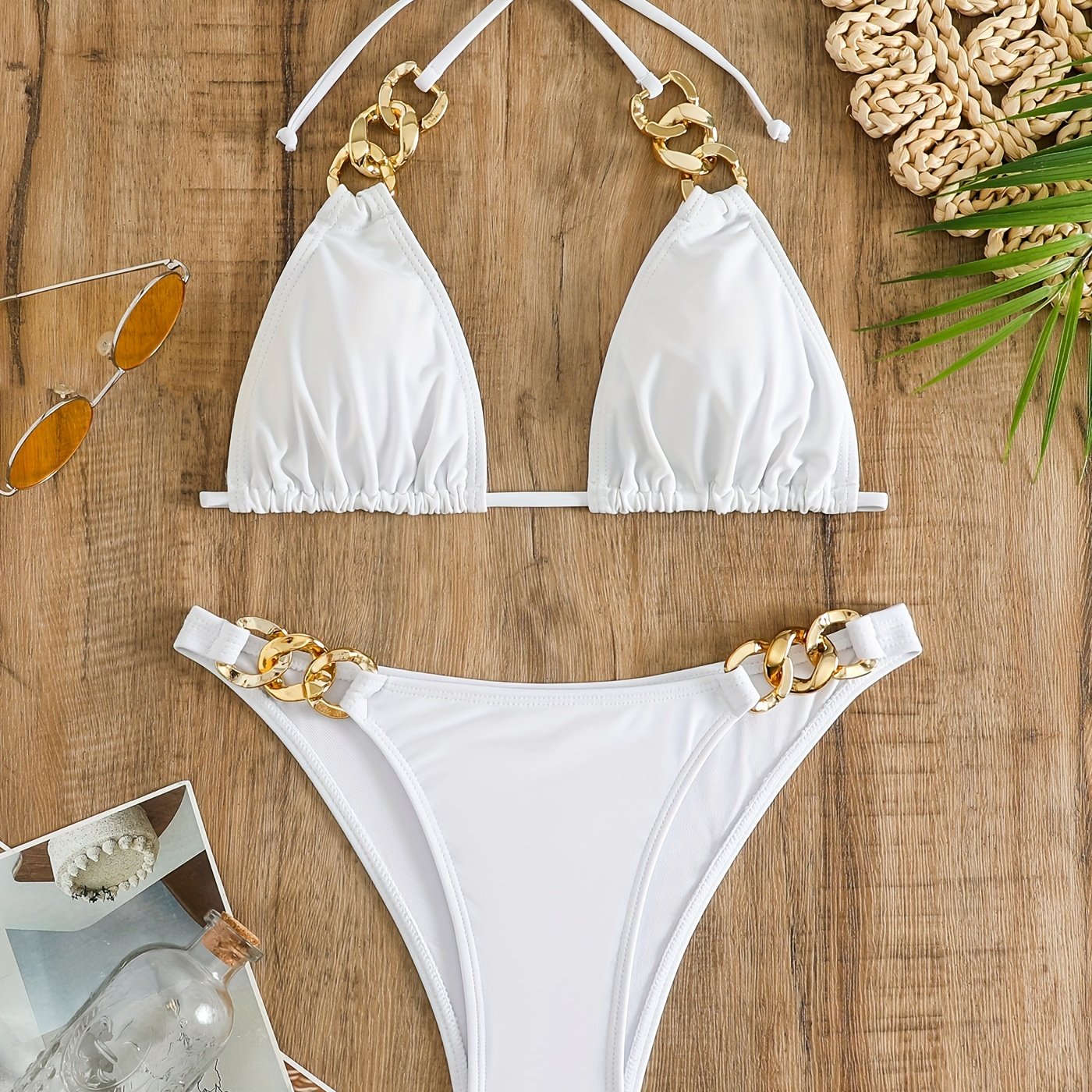 Luxe Chain Link Triangle Halter Bikini Set – Chic V Neck 2 Piece Swimsuit with Lace-Up Tie Back High Stretch Nylon Blend and Sleek Solid Color Finish – Women's Elegant Swimwear for Summer Beach & Pool Style Stevvex