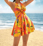 Ladies' Summer Contrasting Tropical Print Hanging Neck With V-neck Hollow Out Pleated Beach Vacation Style Short Dress - SJB-DIAMOND ELITES