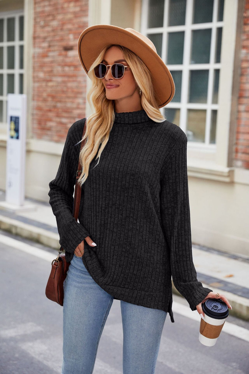High Collar Loose Long Sleeve Split T-shirt Top For Women Pi-Mart